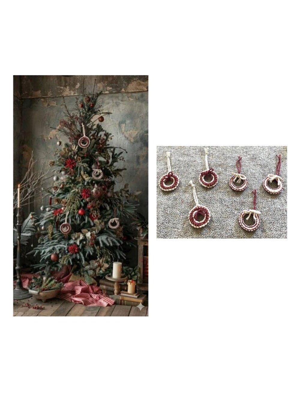 Handmade 6 pack of wool yarn wreath ornaments Burgundy/Cream Holiday Christmas